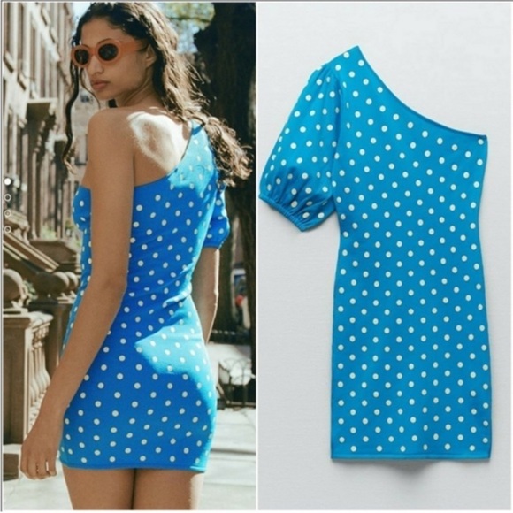 ZARA Blue Polka Dot One-Shoulder Bodycon Dress - Picture 1 of 12